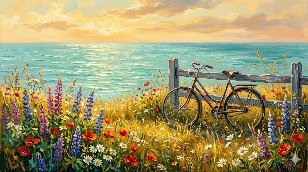 野原を走る自転車と白い雲