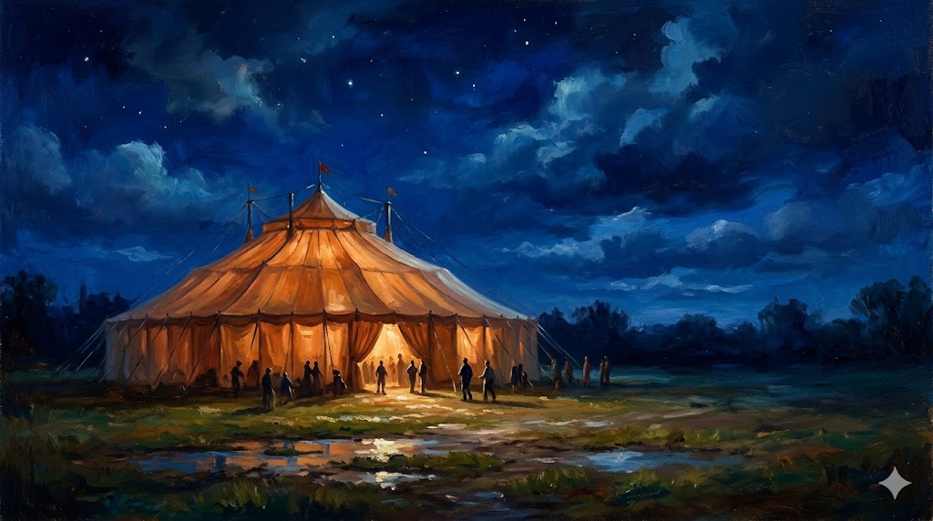 華やかなサーカステントと、その裏側にある暗い夜空を対比させた構図