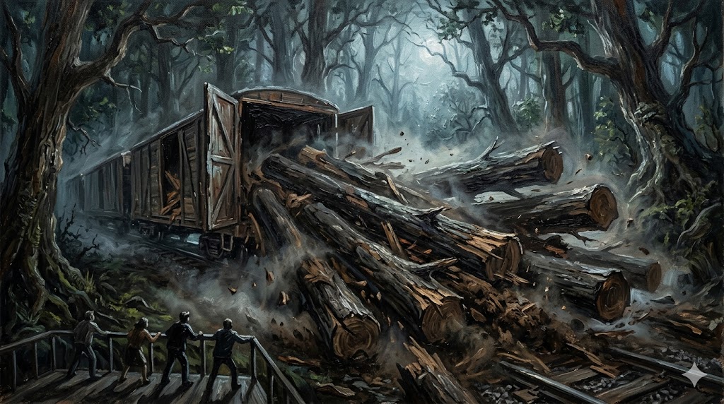 夜の線路に転がる無数の巨大な丸太