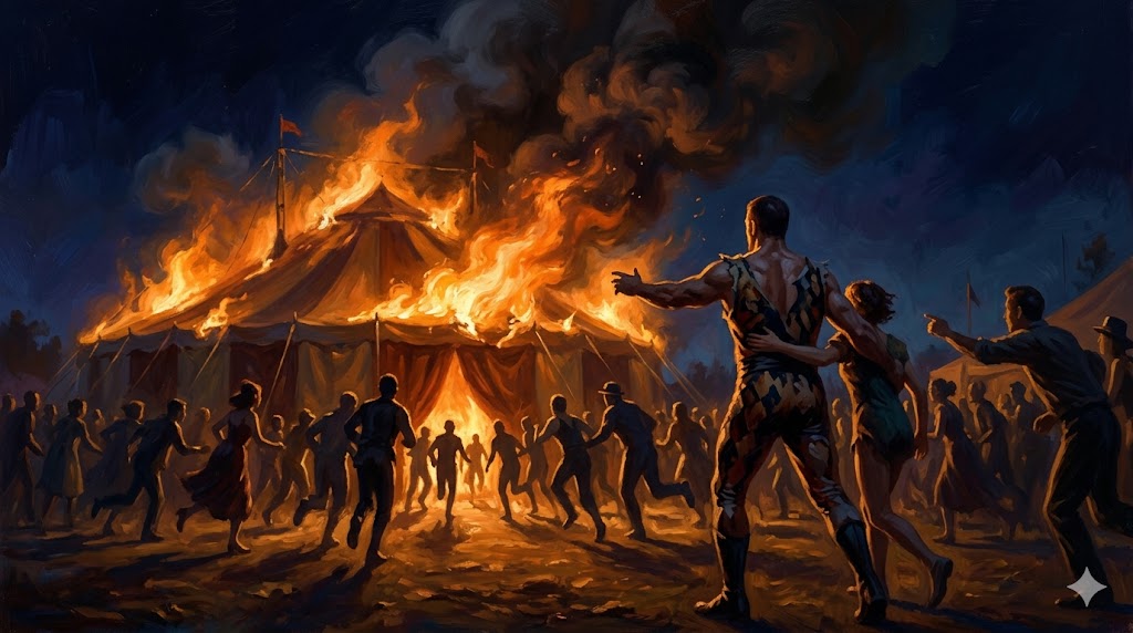 サーカステントが炎に包まれ、人々が救助に走る緊迫した火災シーン