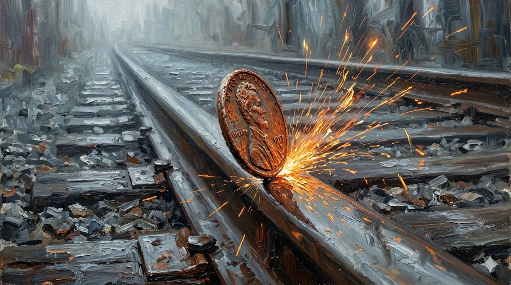 線路に落ちた古びたコインと火花