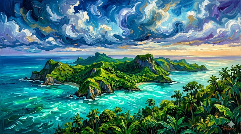 輝くエメラルドグリーンの海と岬