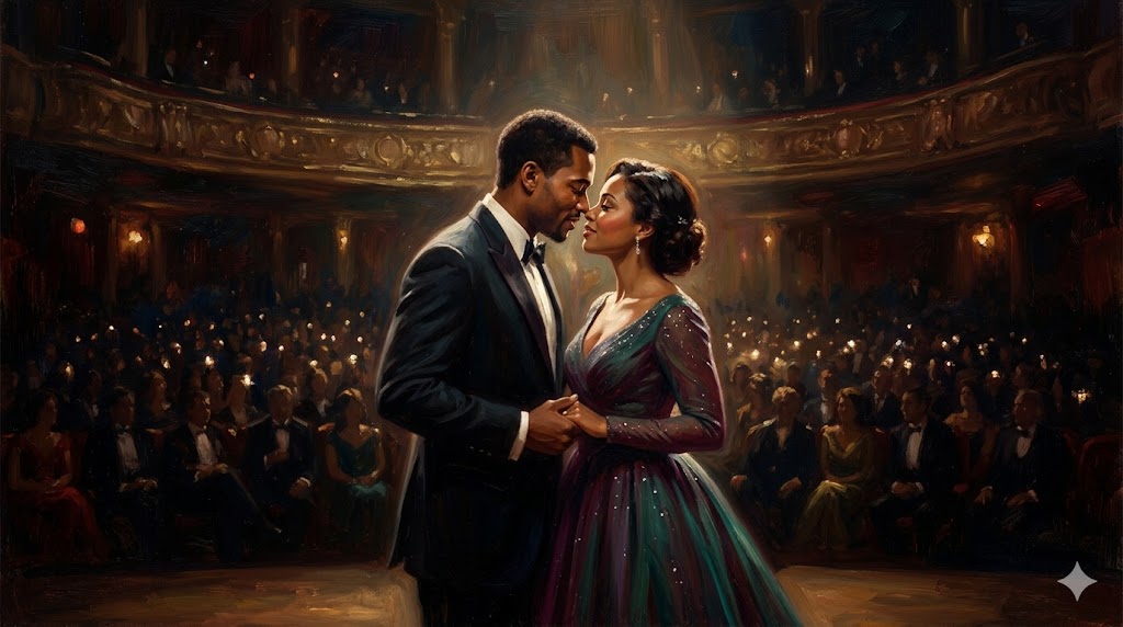 舞台上でロマンチックに向き合う男女カップルを遠景で描いたシーン