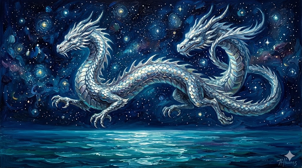 銀色の龍が夜空を舞うイメージ