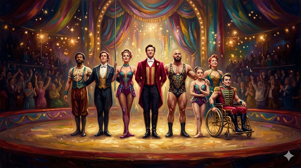華やかなサーカスの舞台で多様な団員が誇らしげに立っている場面