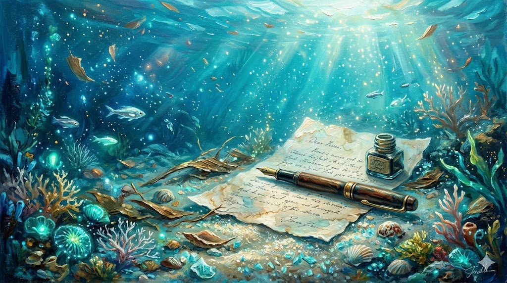 波間に浮かぶ古い手紙とペン