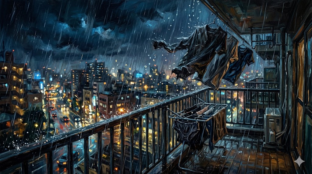 雨の中の洗濯物