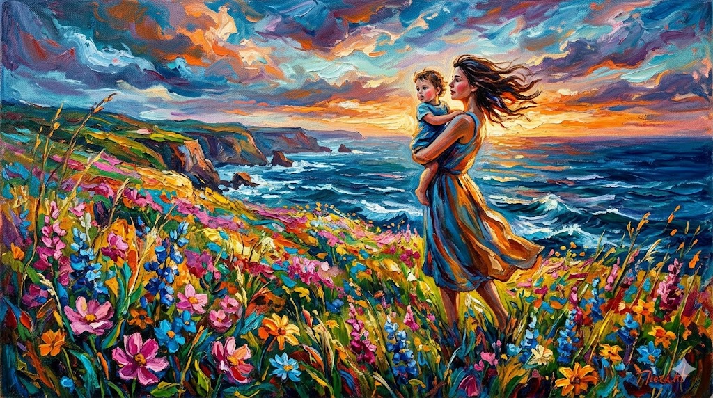 丘の上から海を見下ろす親子