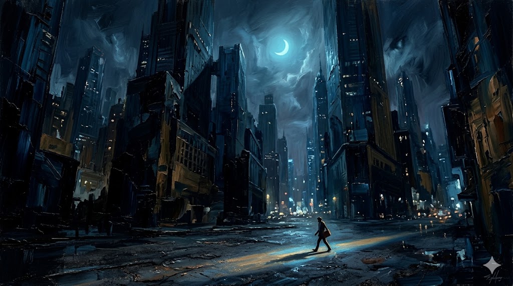 冷たい都会のビルの影と白い月