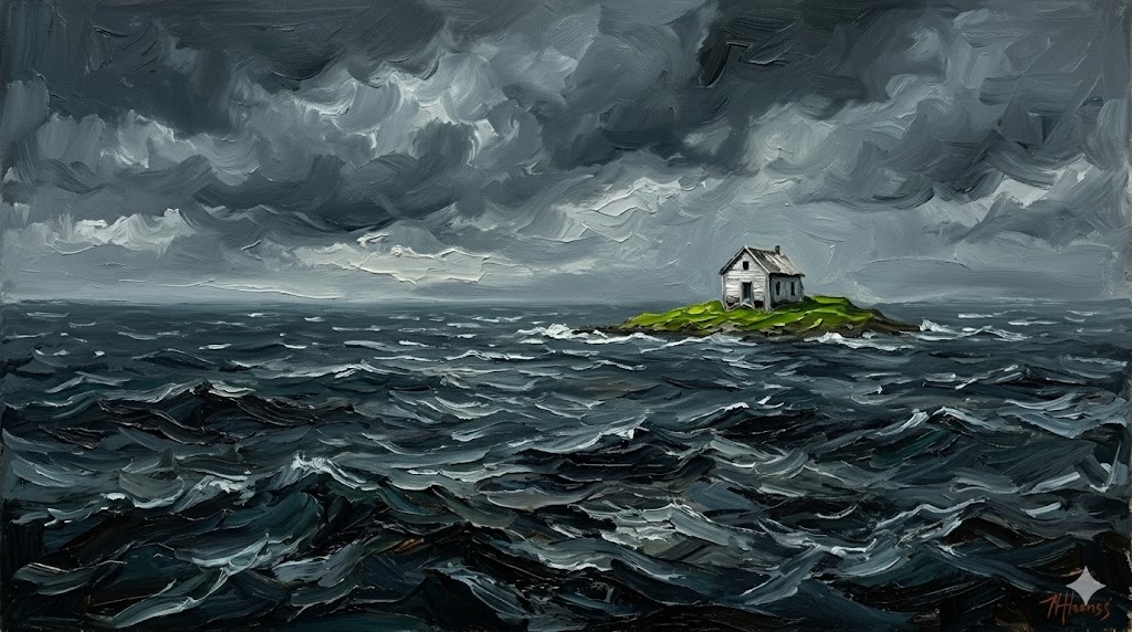 荒れる冬の海と閉ざされた門